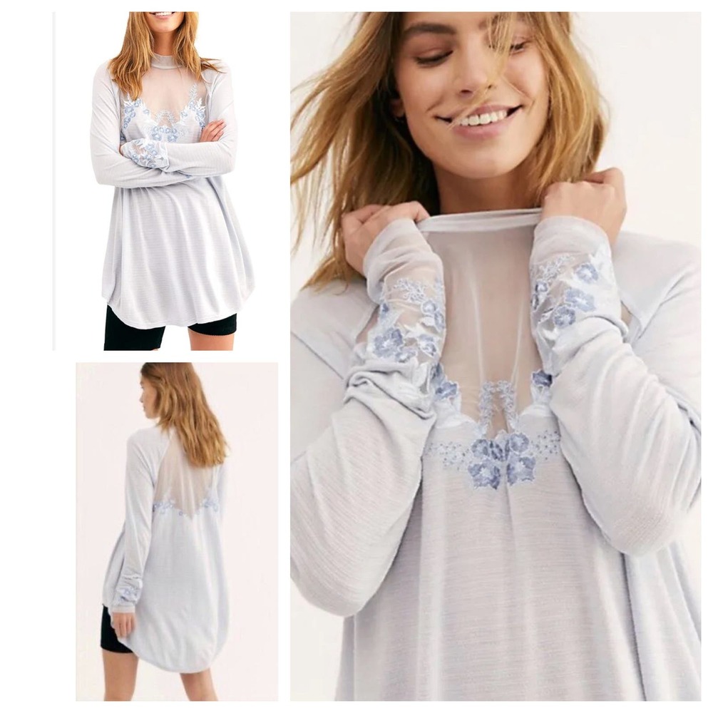 Free People Embroidered Mesh Top Blue Size XS Long Sleeve Semi Sheer Coquette